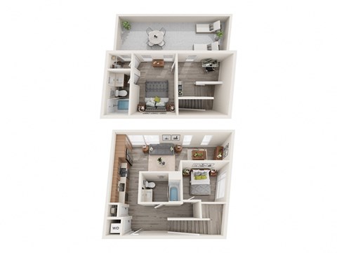 A dollhouse with two levels, one with a kitchen and the other with a living room.